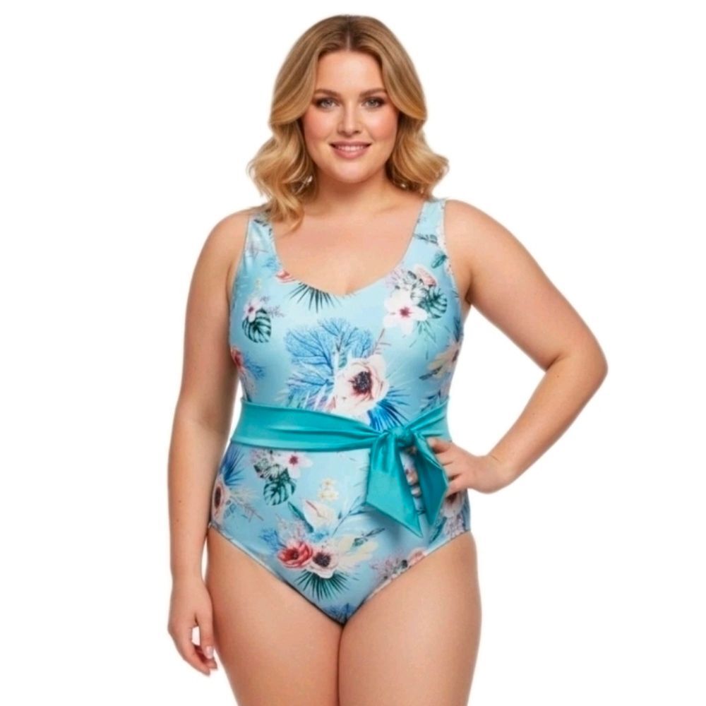 LYSA 1X (18W/20W) Nadia Blue Floral V-neck Swimsuit Open Back Tummy Smoothing